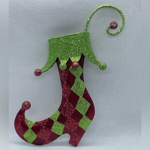 Pier One Metal Christmas Ornament Stocking Rare HTF Glitter Red Green 6.5”